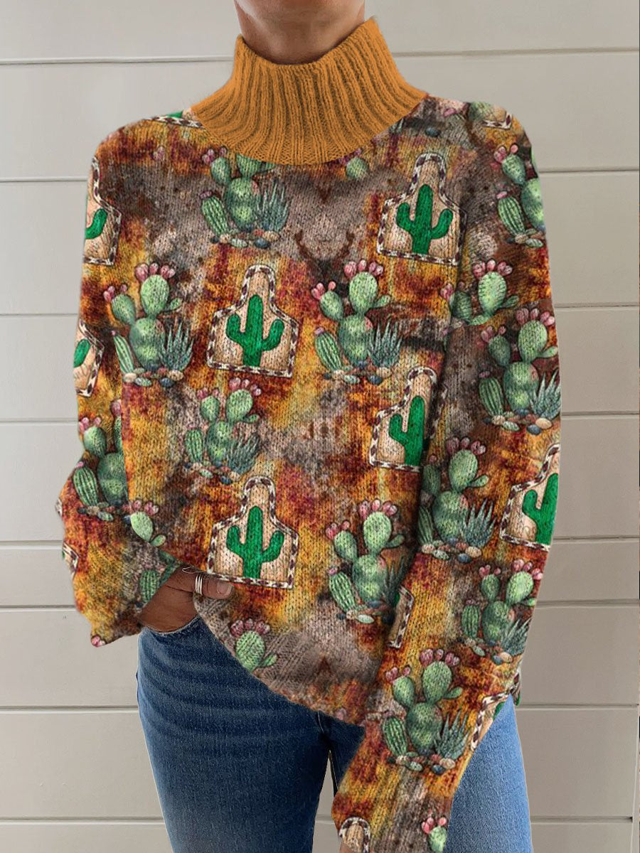 Cactus Seamless Printing Knit Turtleneck Pullover Sweater