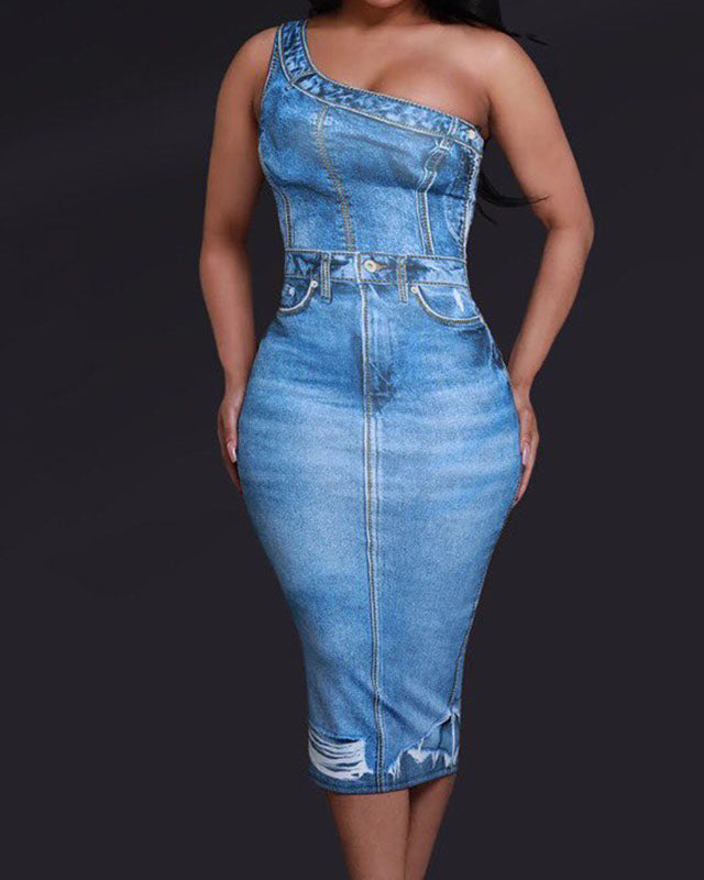 3D Printed Denim Slim Fit Dress