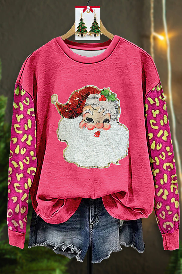 Sparkling Santa Sequin Leopard Print Sweatshirt