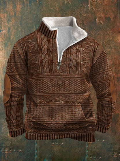 Men's Vintage Country Western Cashmere Knitt Print Zipper Stand Collar Casual Kangaroo Pocket Sweatshirt