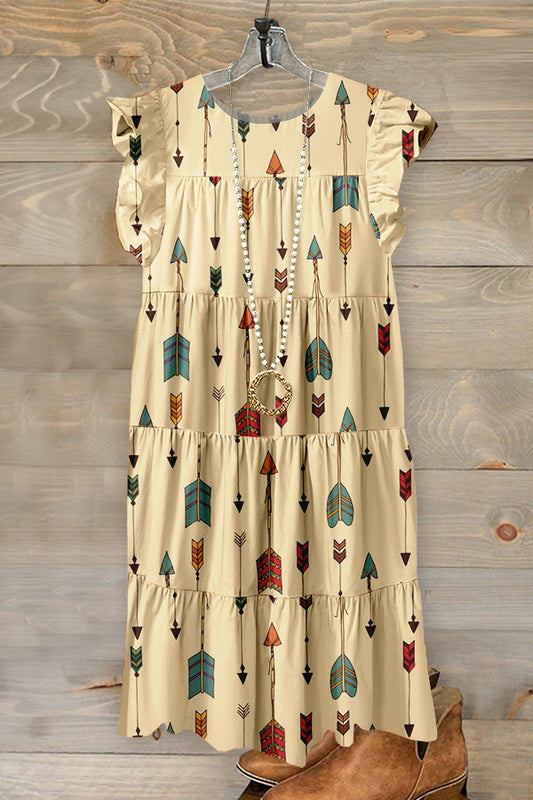 Cute Western Aztec Print Ruffled Pleated Dress