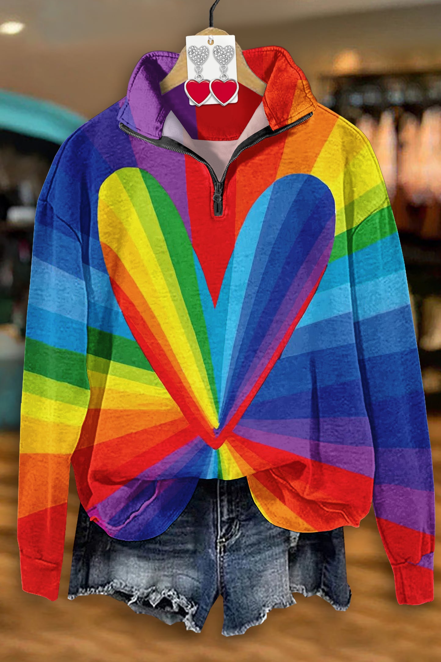 Unique Valentine's Day Love Rainbow Print Zipper Sweatshirt