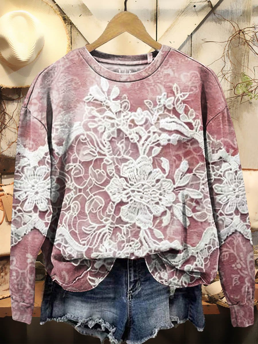 Women's Floral Texture Art Print Casual Crew Neck Sweatshirt