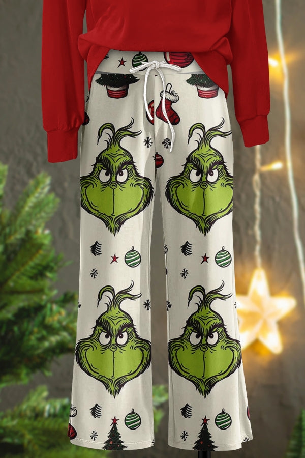 Funny Christmas Grinch Print Wide Leg Pants