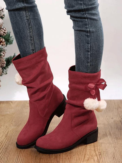 Christmas Pompom Decor Faux Suede Slouchy Boots