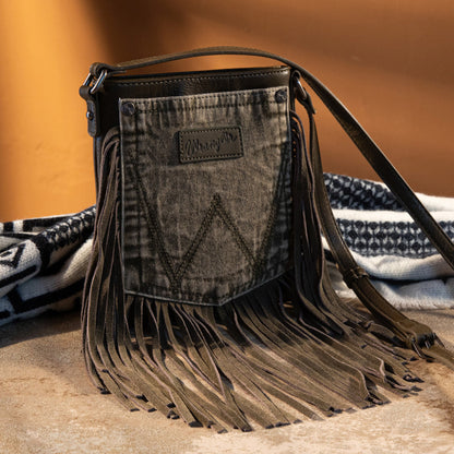 Wrangler Leather Fringe Jean Denim Pocket Crossbody