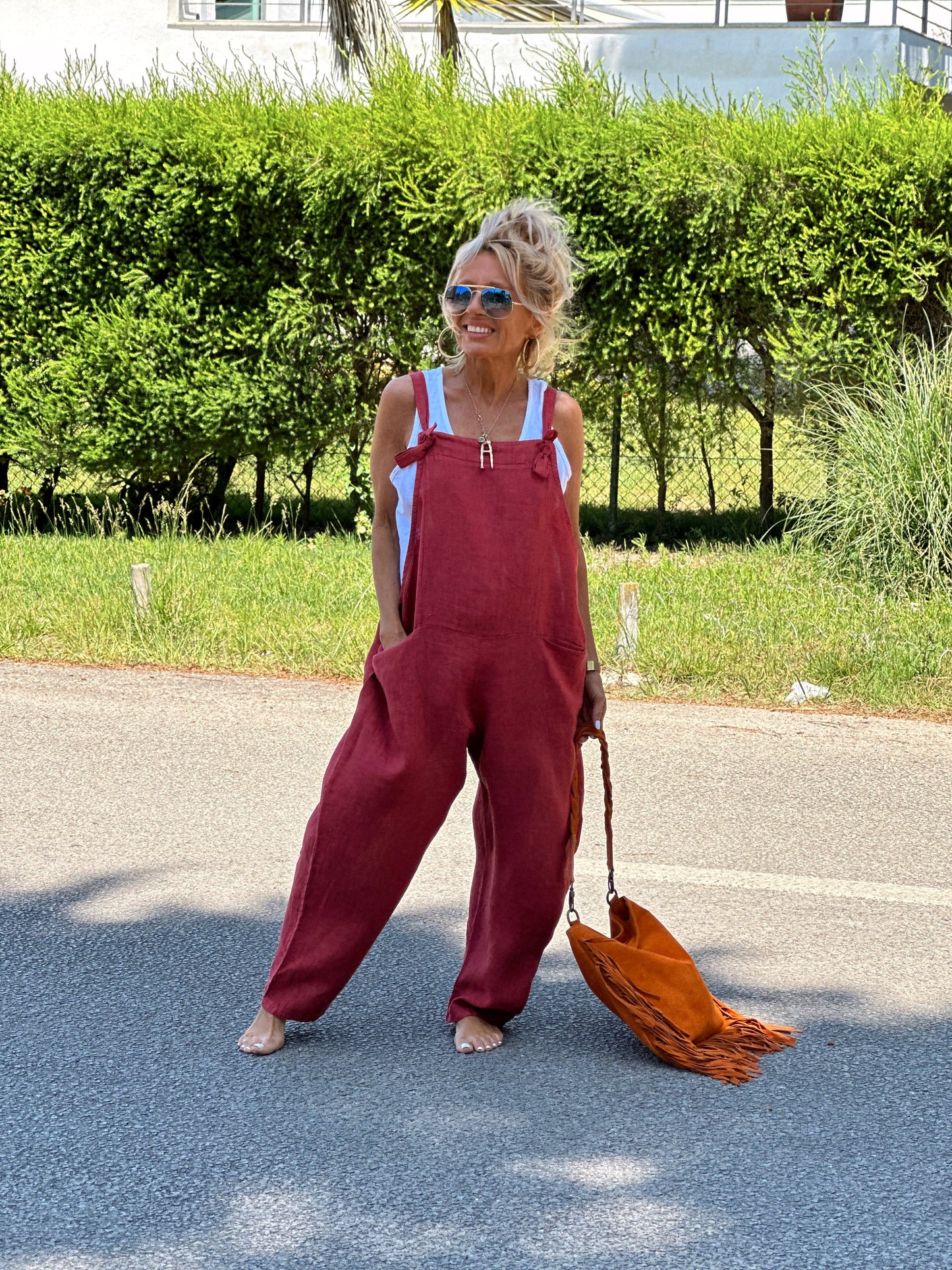 Red bag jumpsuit