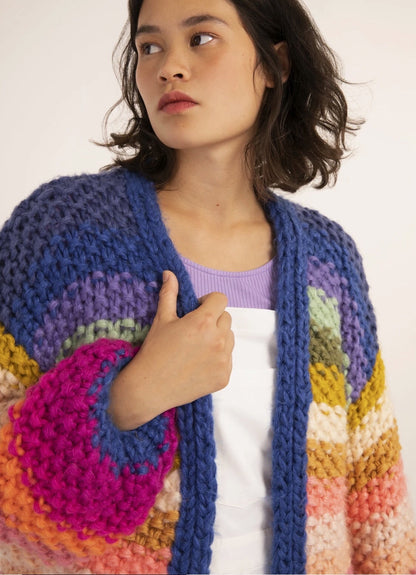 Colored Lantern Sleeve Knitted Cardigan