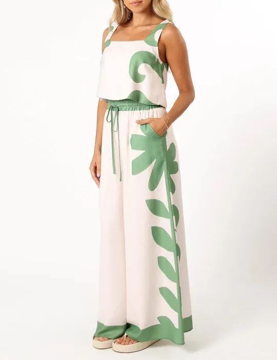 Sleeveless Ethnic Floral Loose Wide Leg Pant Two-Piece Set