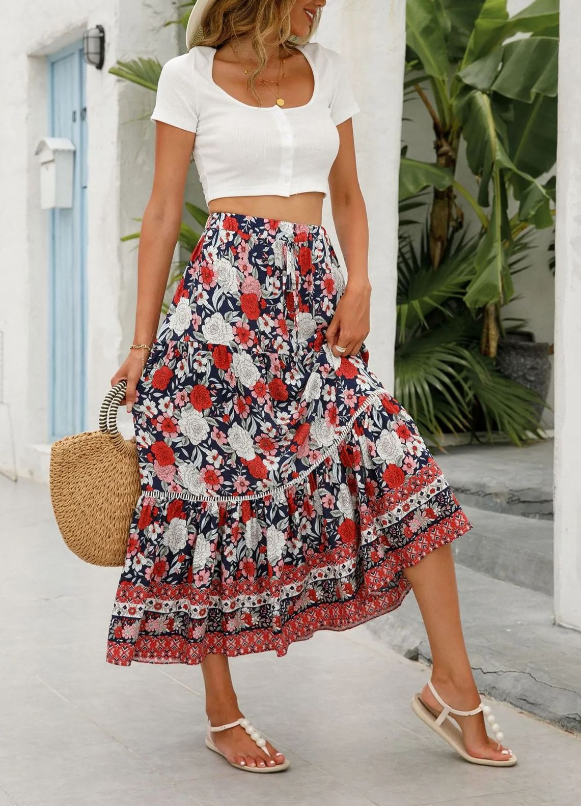 Romantic Boho Floral Print High Waist Skirt