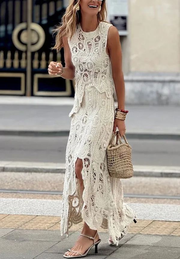 Elegant Crochet Hollow Lace Skirt Set