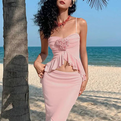 Pleated Midriff Halter Slim-Fit Slit Dress Set