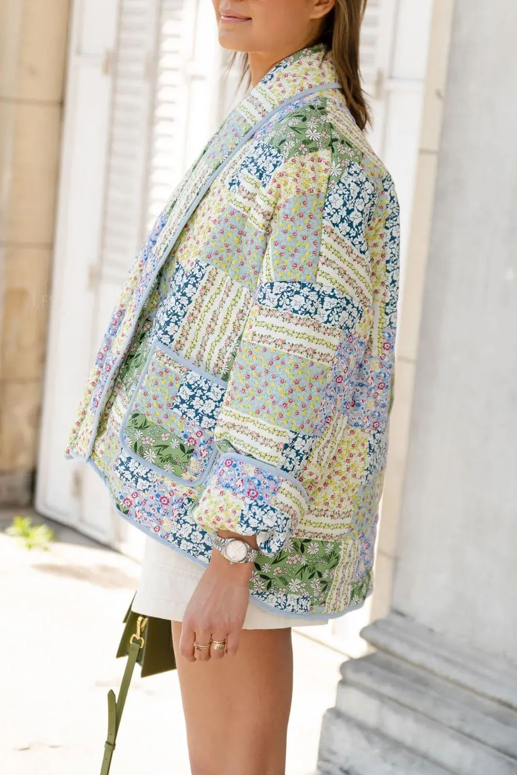 Yellow-Green Floral Patterned Patchwork Printed Jacket