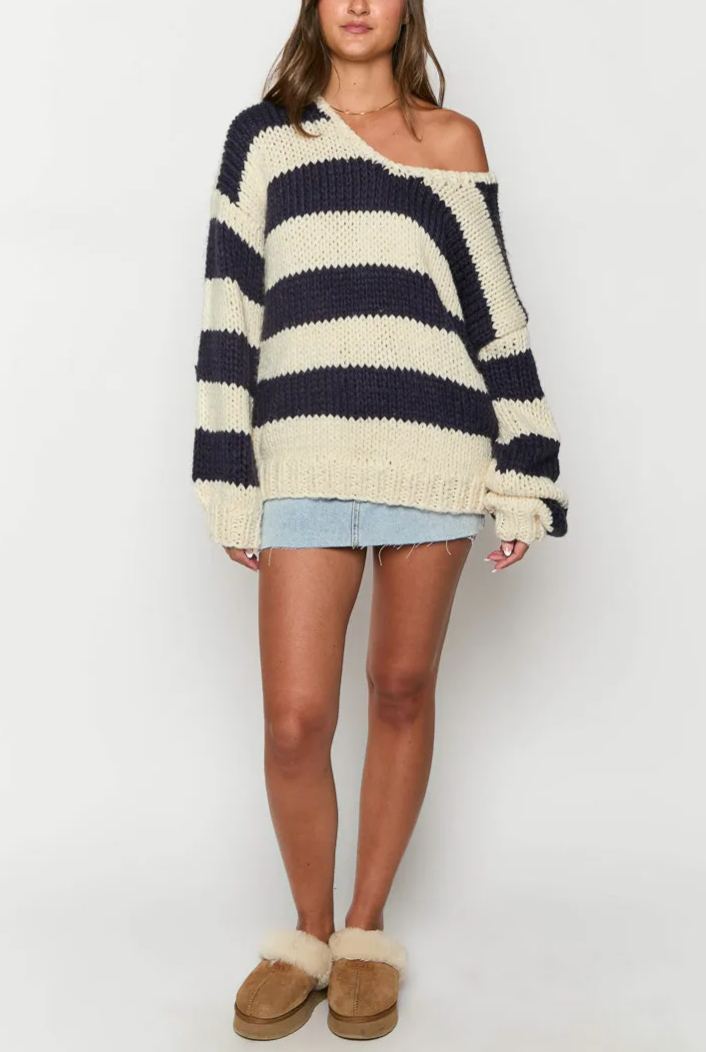 Navy Striped Chunky Knit Sweater