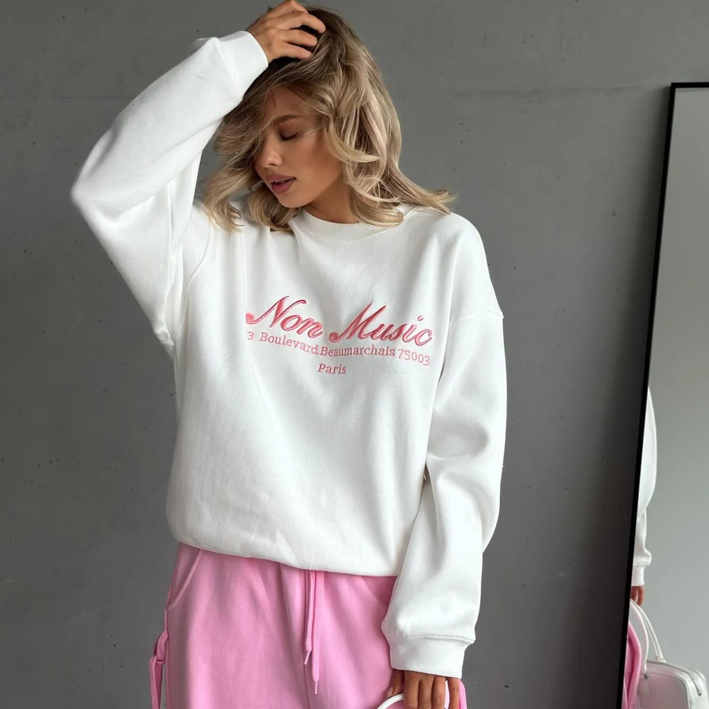 Candy-Colored Letter-Embroidered Crew-Neck Hoodie