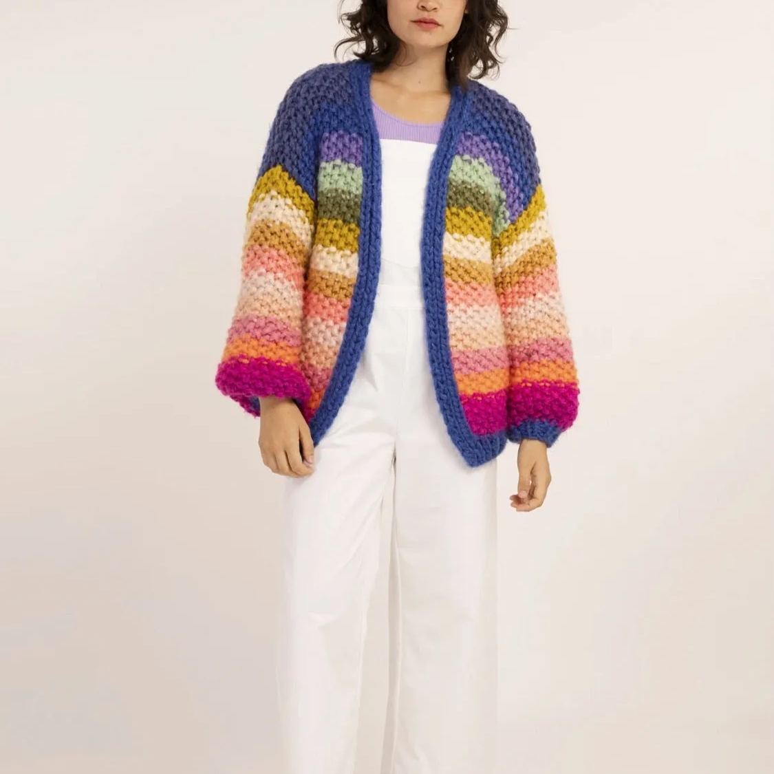 Colored Lantern Sleeve Knitted Cardigan