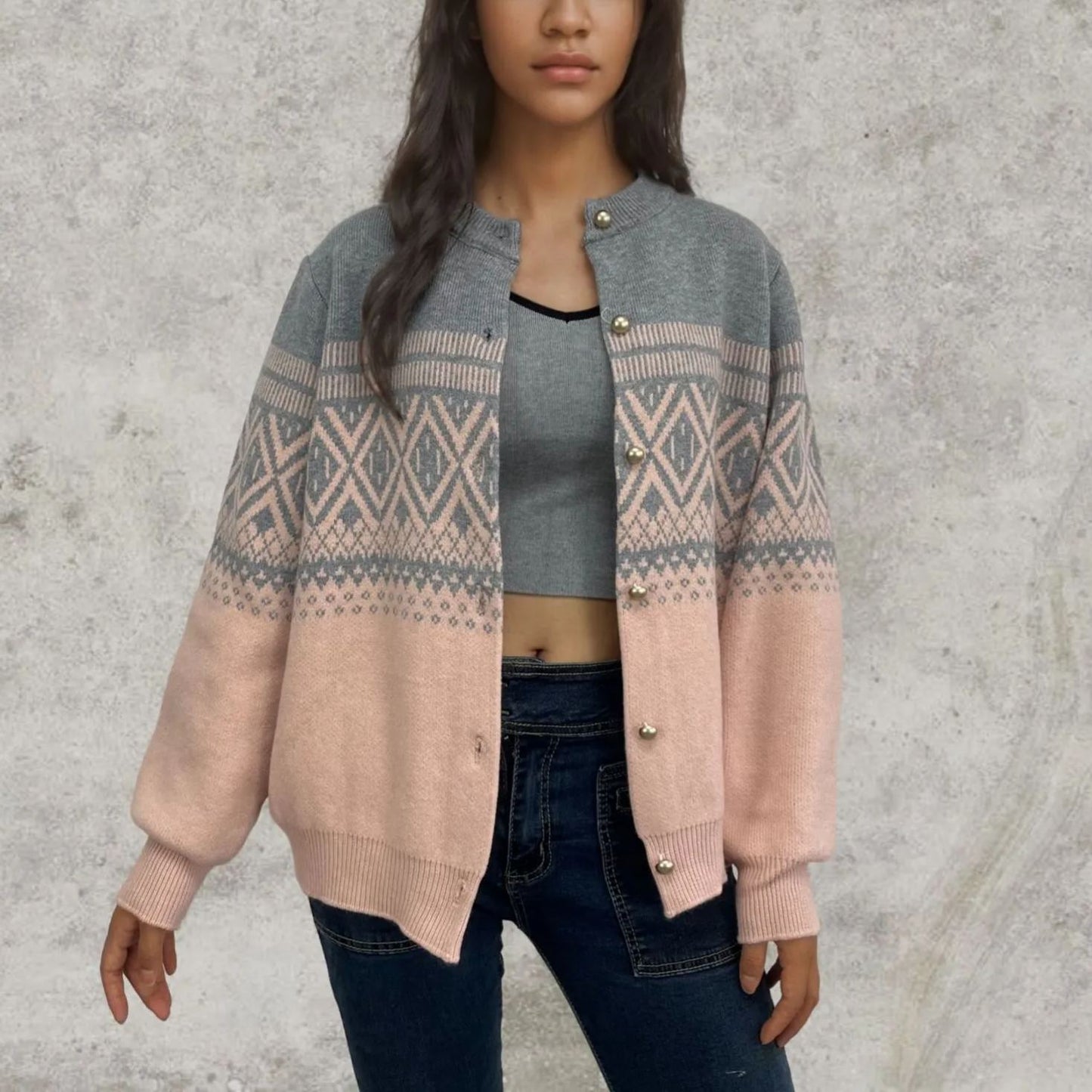 Color Contrast Geometric Pattern Cardigan