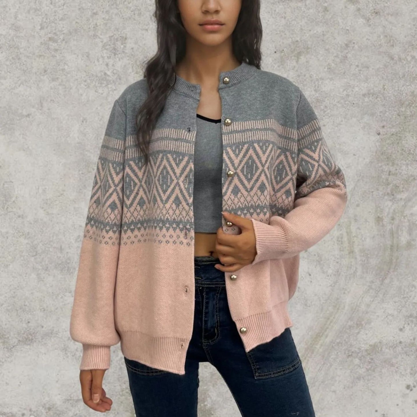 Color Contrast Geometric Pattern Cardigan