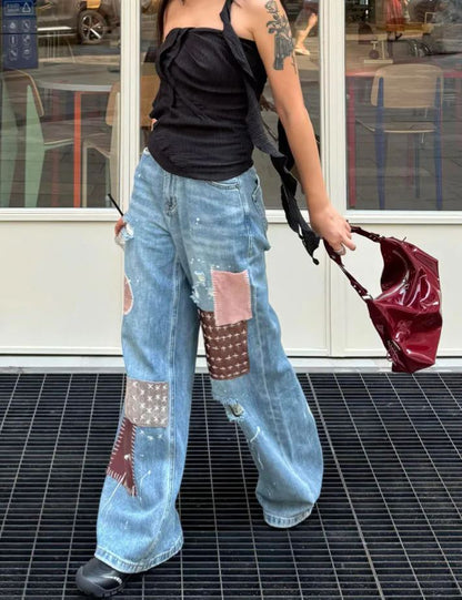 Patch Patchwork Ripped Wide-Leg Jeans