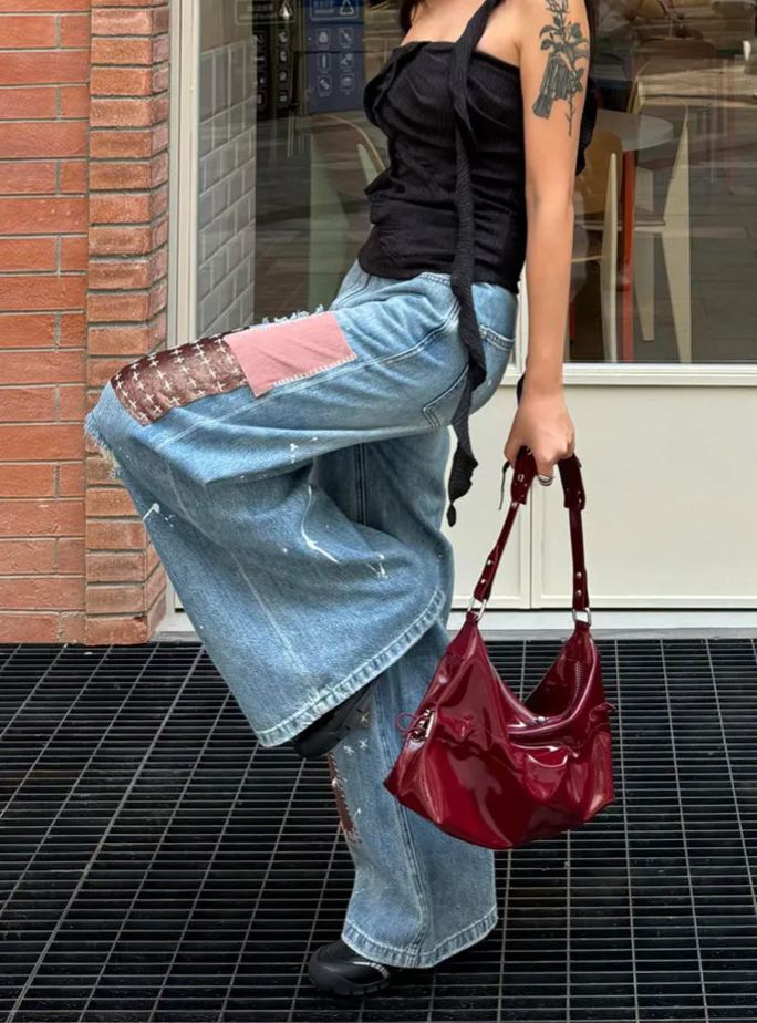 Patch Patchwork Ripped Wide-Leg Jeans