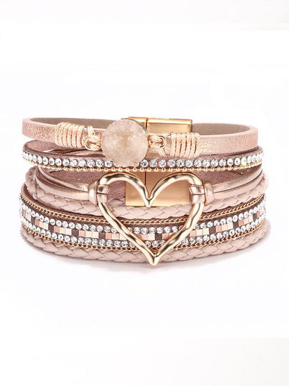 Women's Bohemian Love Rhinestone Magnetic Leather Bracelet