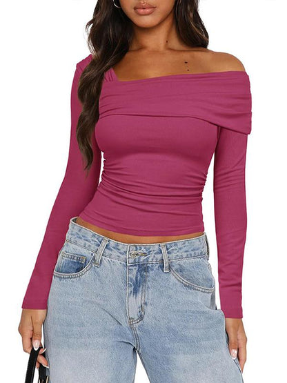 Women's solid color single shoulder long sleeve backless pleated top T-shirt