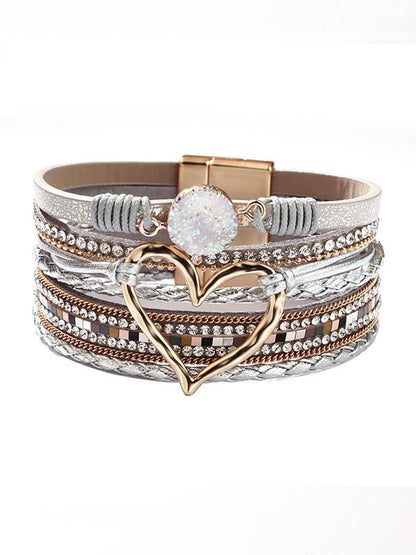 Women's Bohemian Love Rhinestone Magnetic Leather Bracelet