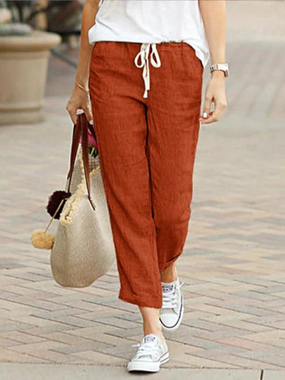 Drawstring Elastic Waist Cotton Linen Straight Trousers