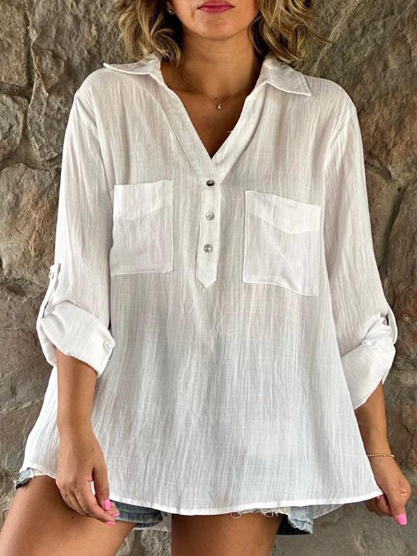 Solid Color Cotton and Linen Button Long Sleeve Casual Shirt Top