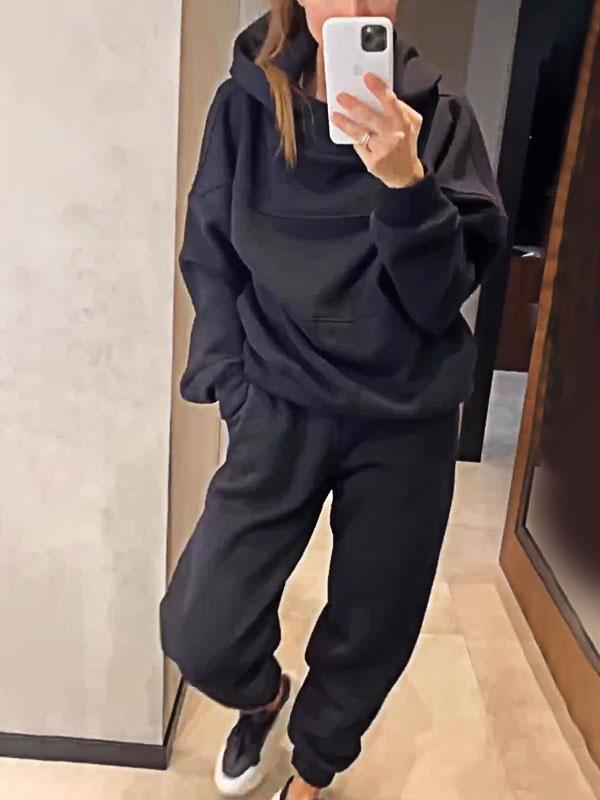 Women's Solid Color Patchwork Hooded Top and Pants Two-piece Set