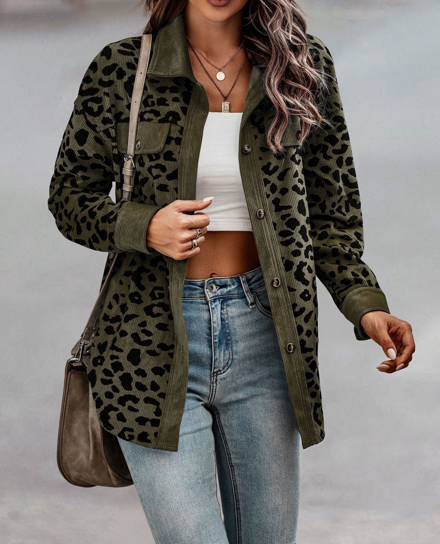 Women's Autumn and Winter Leopard Print Button Long Sleeve Jacket