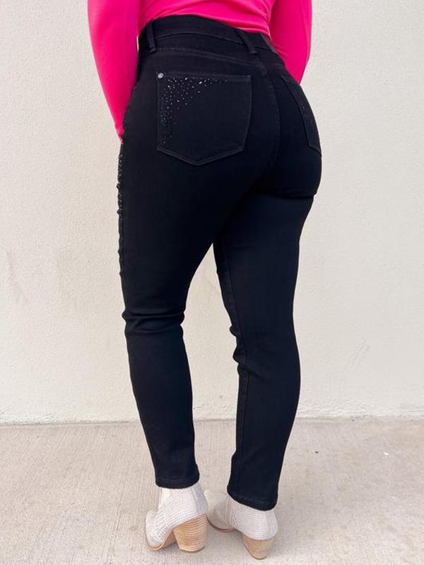 Women's Black Slim Fit Rhinestone Jeans Trousers