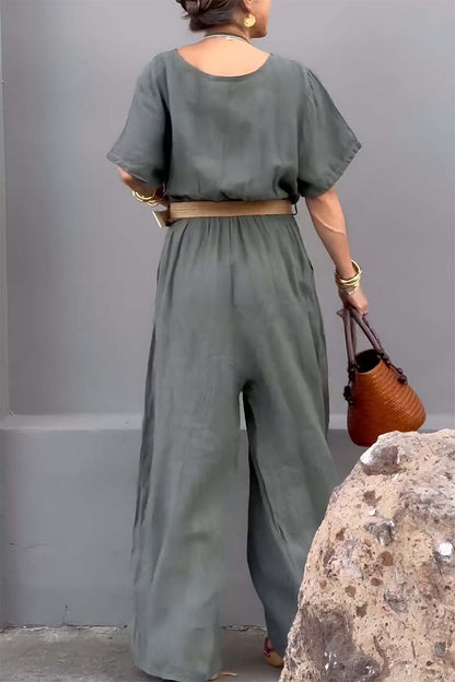 Casual V-neck cotton and linen jumpsuit