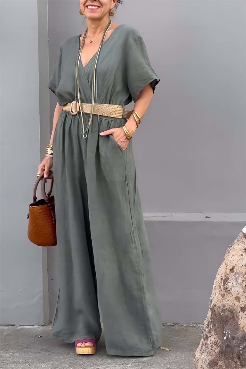 Casual V-neck cotton and linen jumpsuit