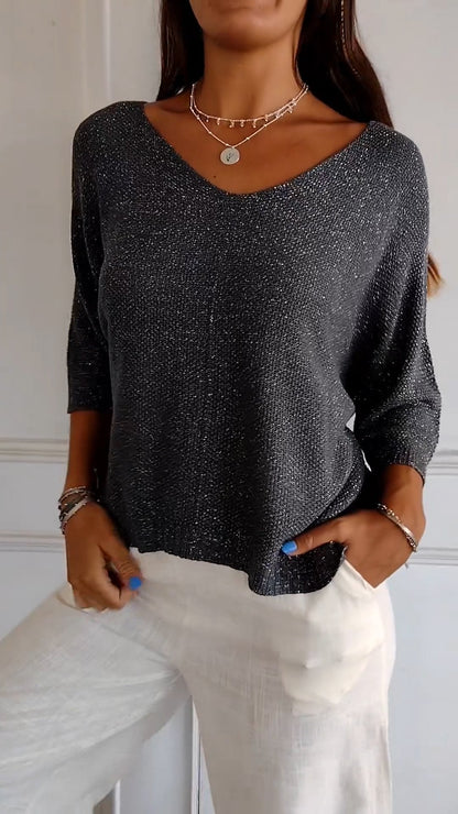 V-neck Mid-sleeve Knitted Comfort Top