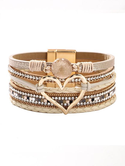 Women's Bohemian Love Rhinestone Magnetic Leather Bracelet