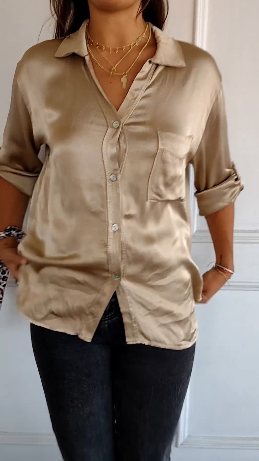 Satin Long Sleeve Top Shirt with Pocket