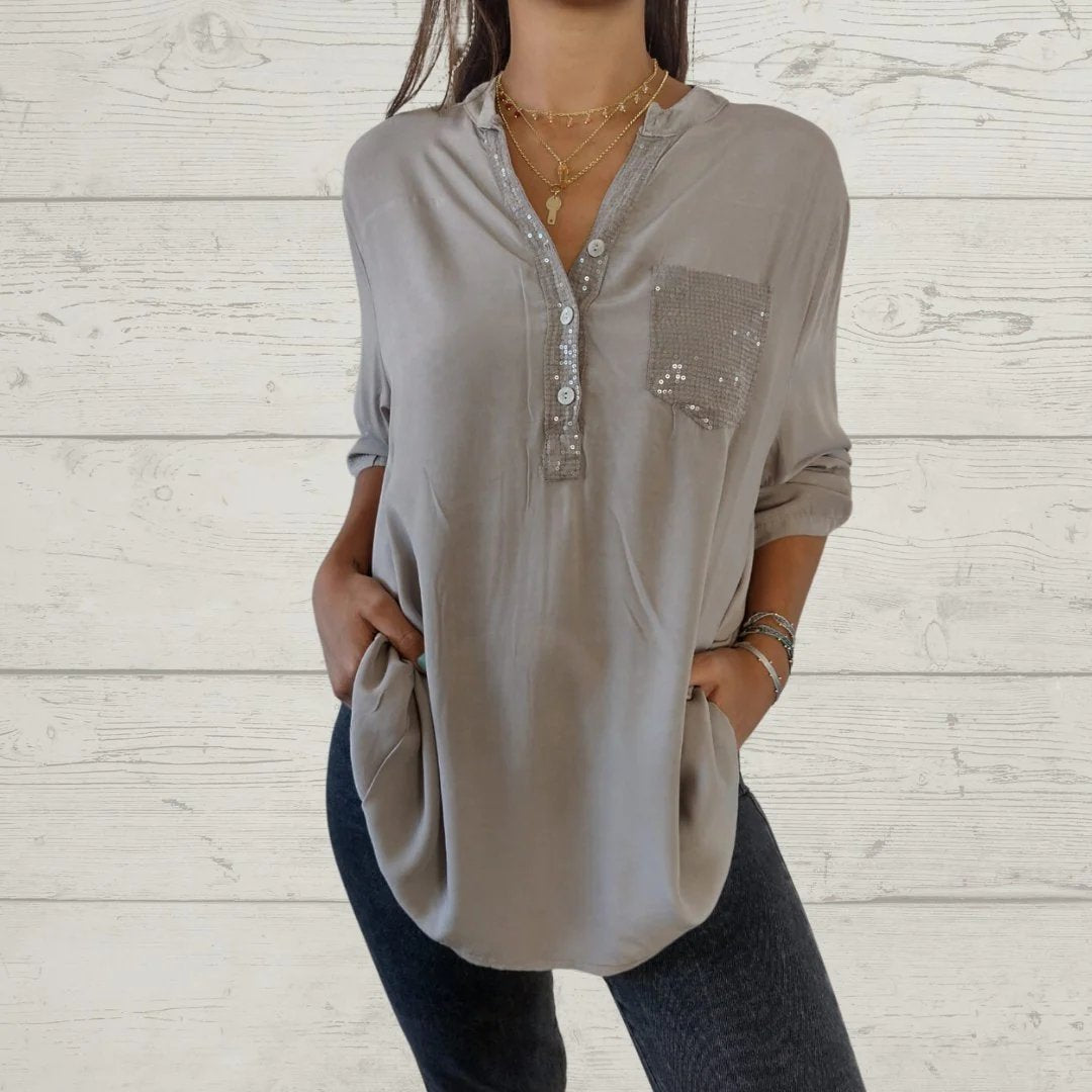 Sequin Patchwork V-neck Shirt