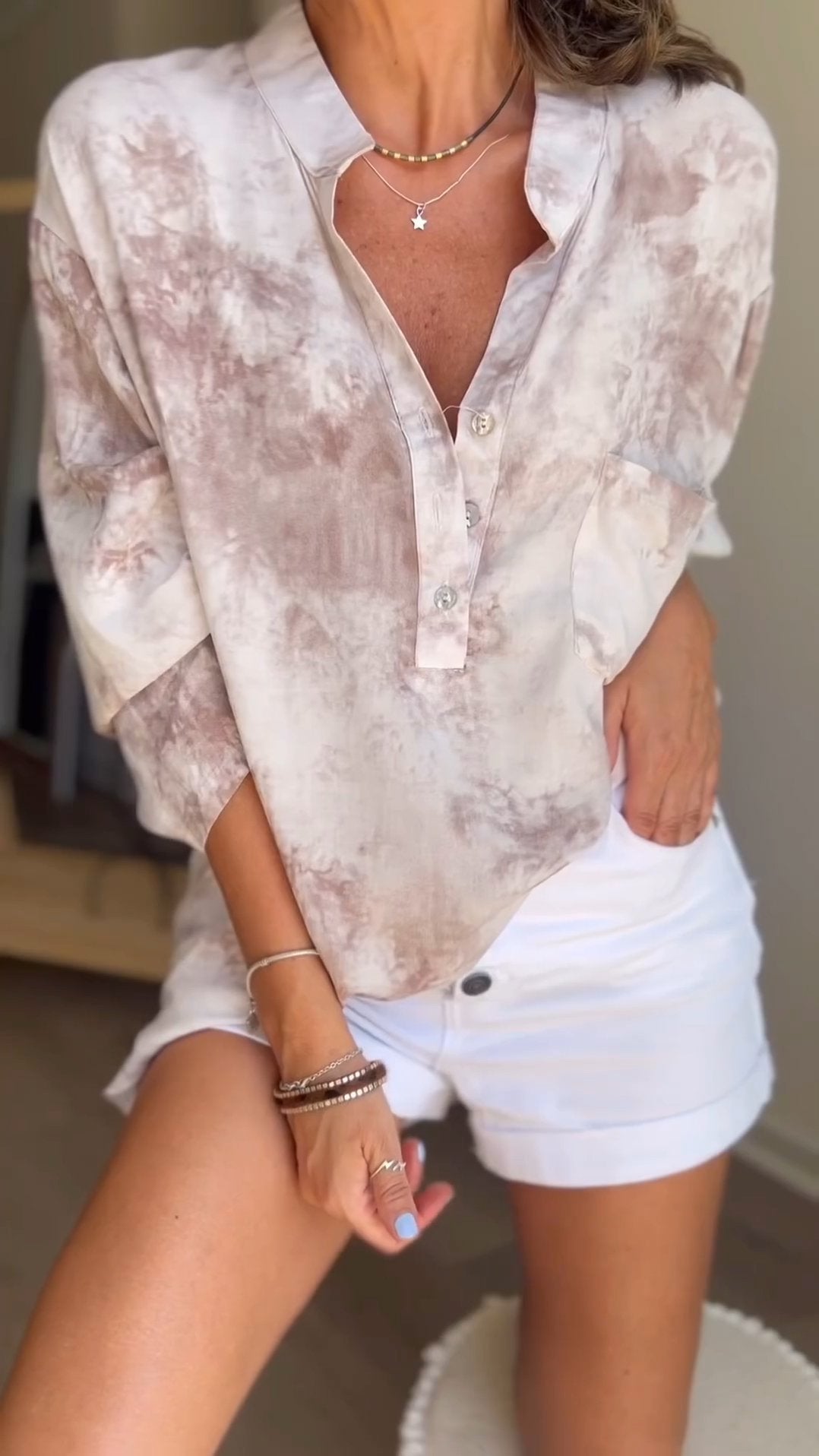 V-neck Half-button Tie-dye Loose Shirt