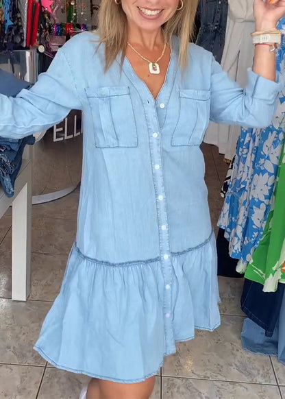 V-neck Single-breasted Denim Dress