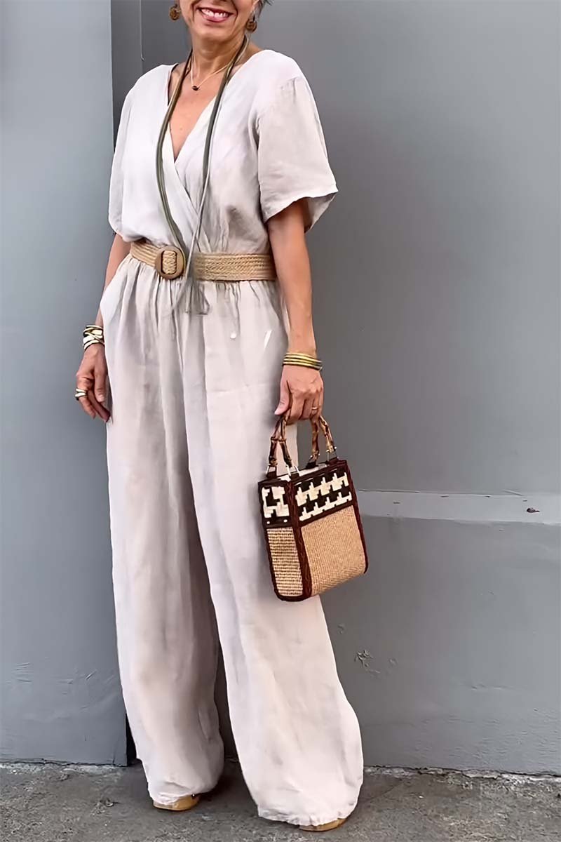 Casual V-neck cotton and linen jumpsuit