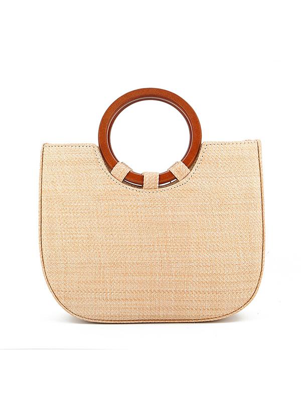 Women's Wooden Handle Handbag Straw Shoulder Bag