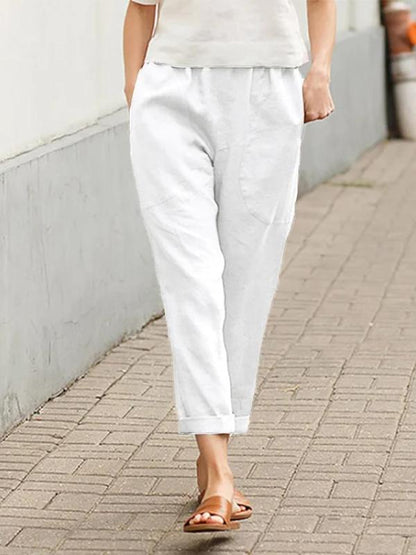 Plus Size Pure Color Comfort Cotton and Linen Casual Pants Straight-Leg Trousers