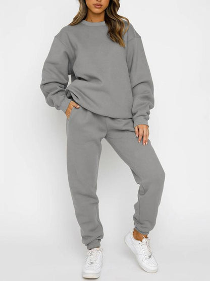 Solid color round neck trousers and long sleeve sweatshirt suit