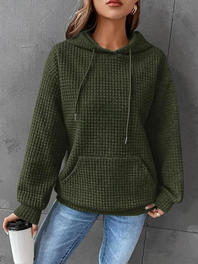 New Waffle Round Neck Long Sleeve Sweatshirt Solid Color Tops for Women