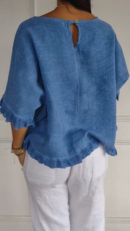 Round Neck Ruffled Hem Mid-sleeve Cotton and Linen Top