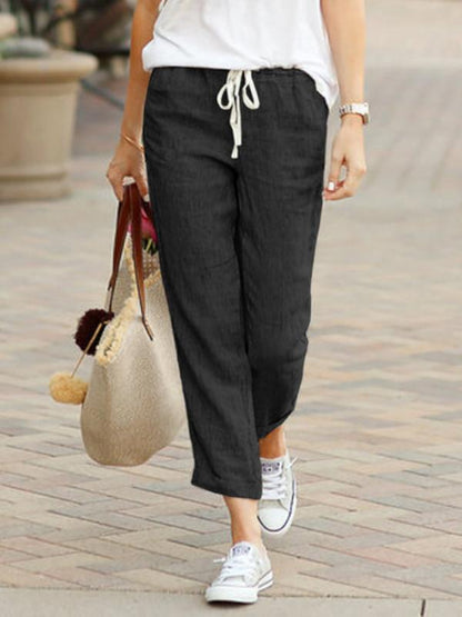 Drawstring Elastic Waist Cotton Linen Straight Trousers