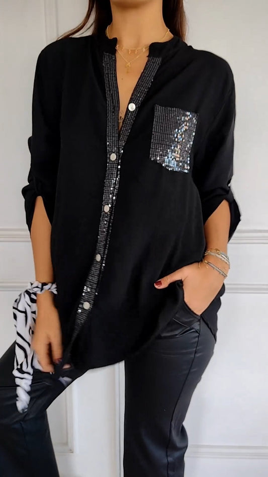 V-neck Sequin Mid-sleeve Casual Top