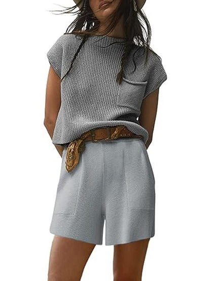 Women's sweater two-piece set, sleeveless sweater, long-sleeved sweater pullover + high-waisted trousers, high-waisted shorts casual suit