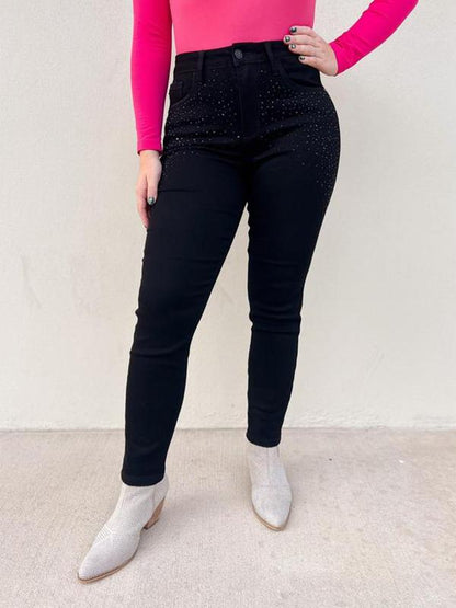 Women's Black Slim Fit Rhinestone Jeans Trousers